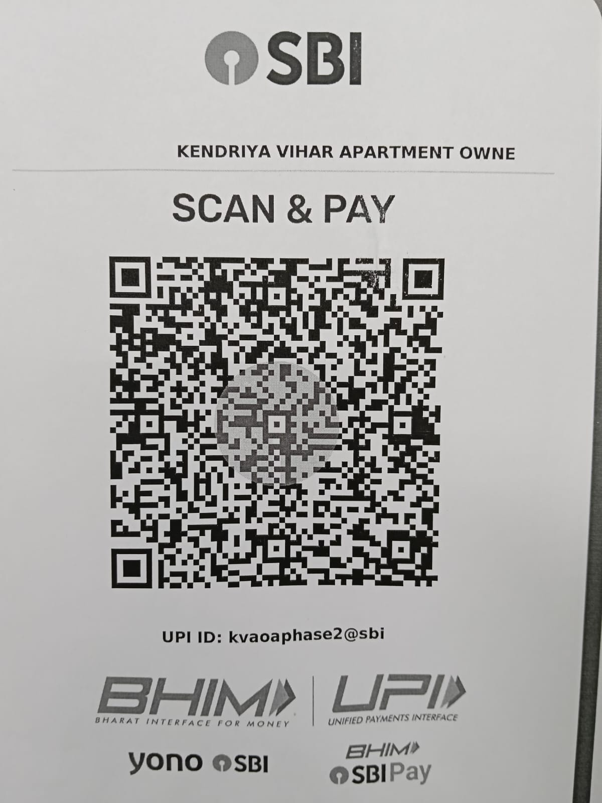 SBI UPI QR code — scan to pay Kendriya Vihar Apartment Owners Association. UPI ID: kvaoaphase2@sbi